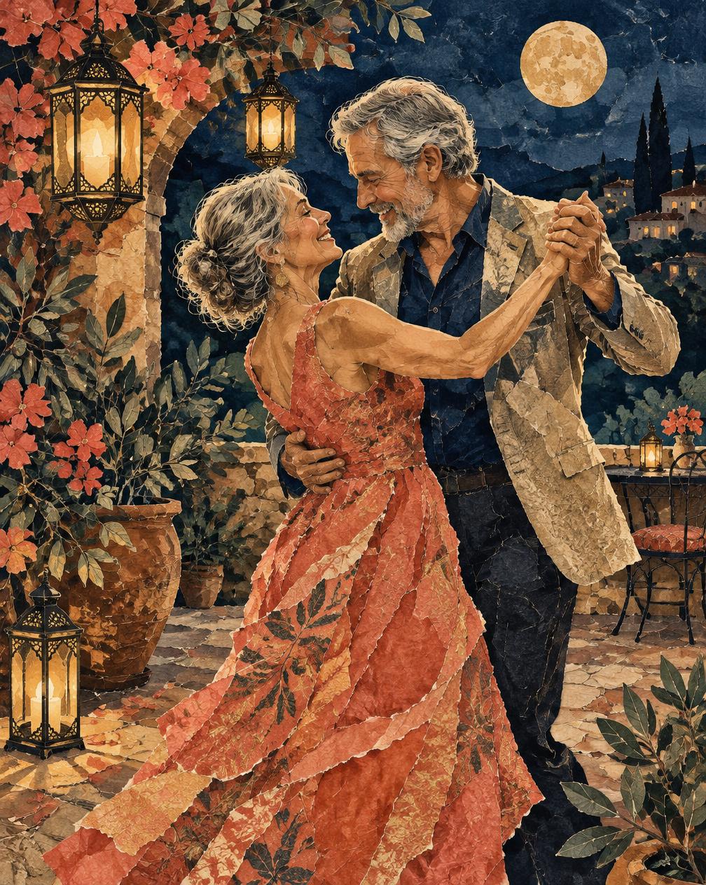 A fictional older couple transformed into dancers in a moonlit courtyard for an anniversary