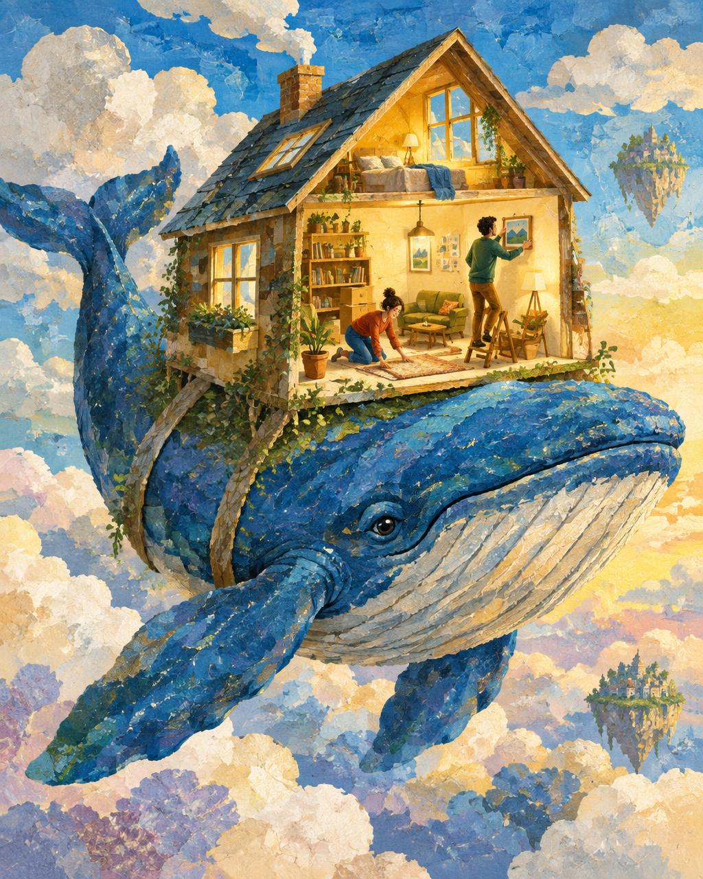 A fictional couple furnishing their new home as it travels through the clouds on a blue whale