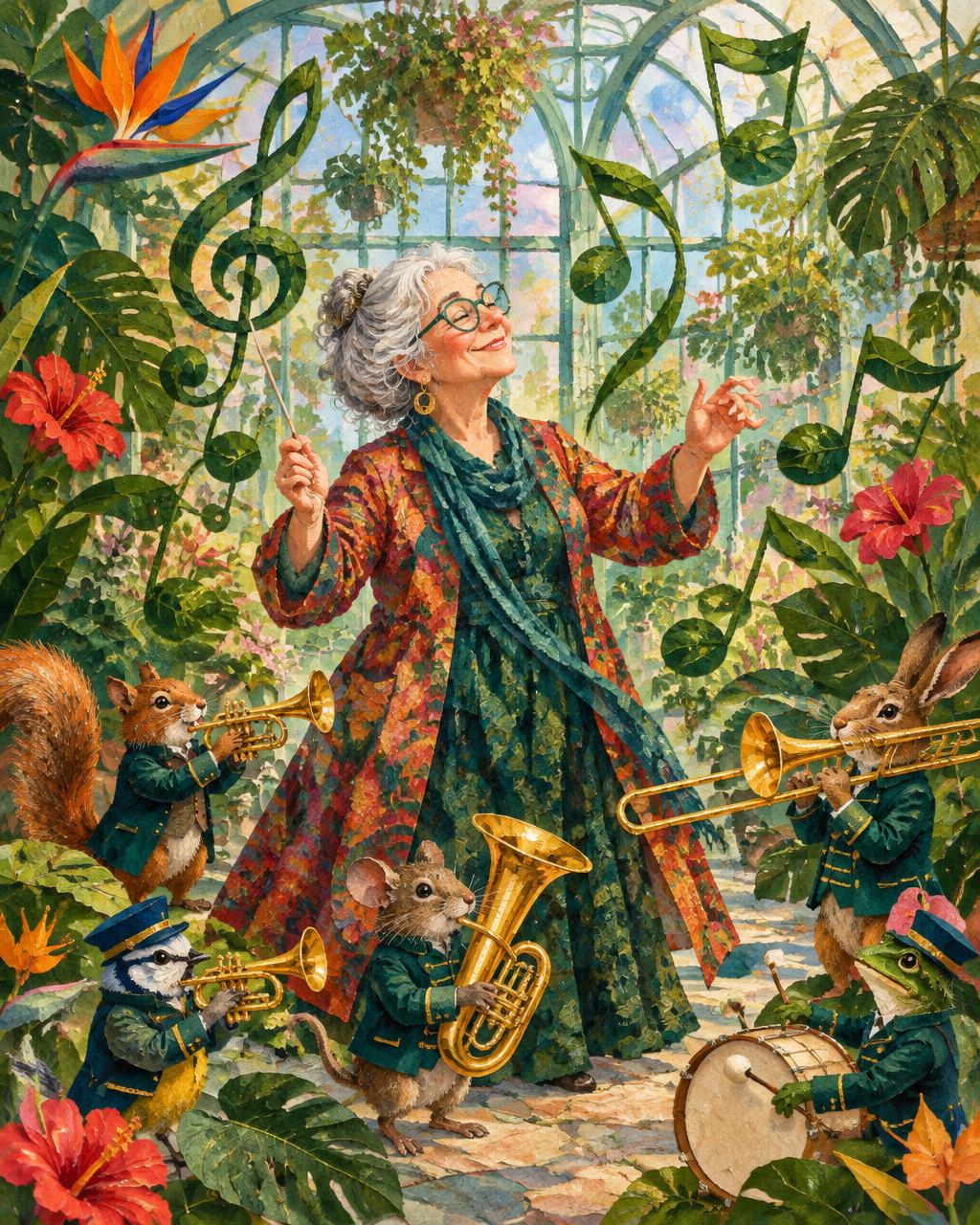 A fictional retired woman conducting a tiny animal brass band in her dream greenhouse